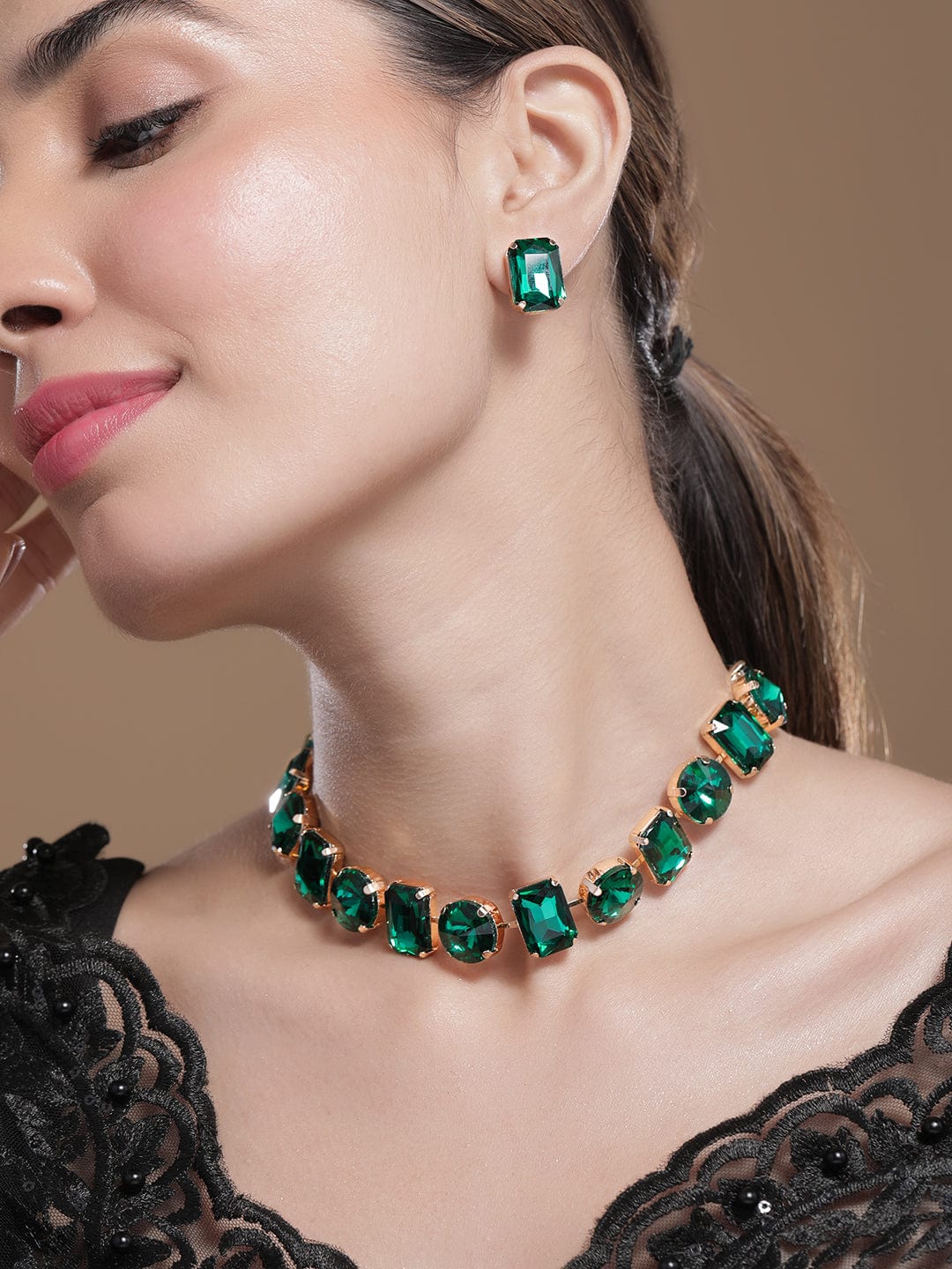 18K Gold Plated Crystal Emerald Studded Statement Necklace Set - Green