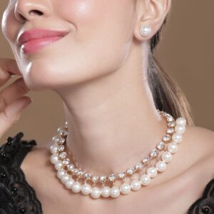 18K Gold Plated Luxurious Pearl & Zirconia Studded Statement Necklace Set - Silver