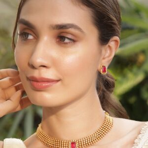 22KT Gold Plated Brass Ruby Stone Studded Intricate Necklace With Earrings Set - Gold