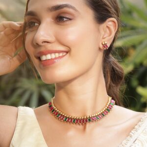 22KT Gold-Plated Stone-Studded Necklace Set - Green