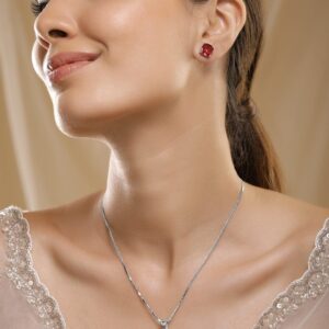 Rhodium-Plated Ruby & CZ Studded Pendant Necklace Set - Red
