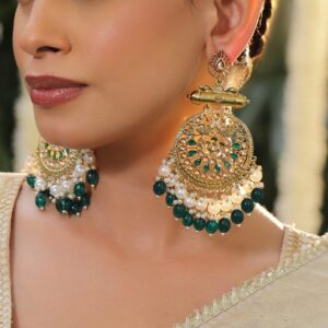 18K Antique Gold-Plated Pearl & Emerald Green Beaded Peacock Motif Big Chandbali Earrings