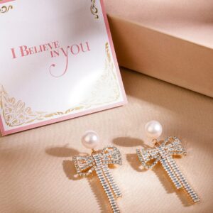 18K Gold Plated Pearl & Cubic Zirconia Bow Drop Earrings - Gold