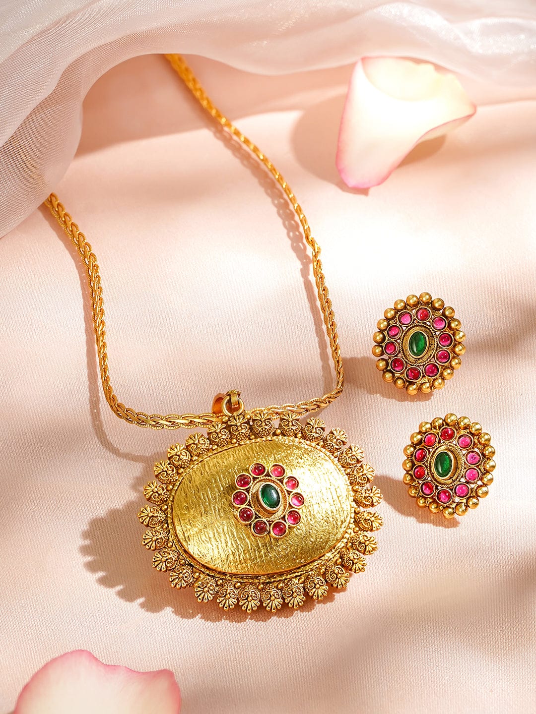 rubans-18k-gold-plated-pendant-set-with-textured-floral-frame-and-green-ruby-pink-stones-necklaces-necklace-sets-chains-mangalsutra-1183535703.jpg