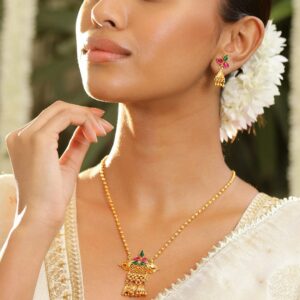 18K Gold-Plated Ruby Pink & Emerald Green Studded Temple Design Necklace Set with Golden Bead Accents for Women