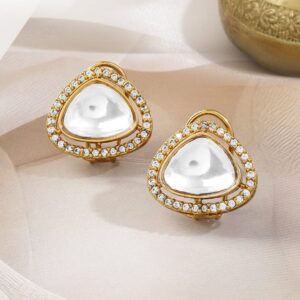 18K Gold-Plated White Kundan & Cubic Zirconia Studded Triangle Stud Earrings