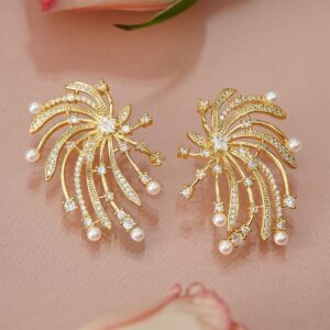 18K Gold-Plated White Pearl & AD Studded Firework Design Stud Earrings