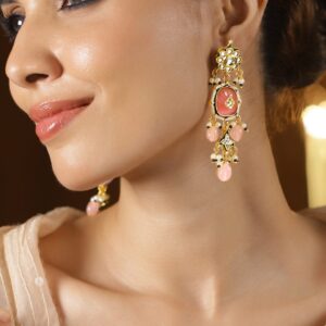 22K Gold-Plated Kundan Floral Studded Pink Carved Stone with Green & White Beaded Dangler Earrings