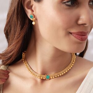 22K Gold-Plated Light Emerald Green Stone & Pearl Beaded Traditional Necklace Set