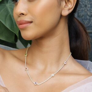 22K Gold Plated Multicolor AD & Cubic Zirconia Studded Heart Charm Tennis Necklace
