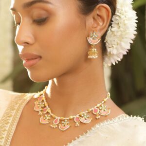 22K Gold-Plated Pink & White Enamelled Kundan Studded Choker Set with Pearl Details - Gold