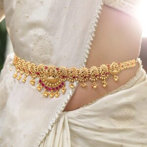 22K Gold-Plated Ruby Red Stone Studded Divine Lakshmi Motif Temple Waist Chain Kamarbandh with Pearl Drops