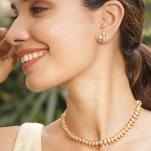 22KT Gold Plated Stylish Pearl Studded Oval Link Design Choker Necklace Set - Green