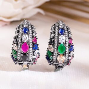 Black-Toned Multicolour Gemstone & White Cubic Zirconia Studded Statement Hoop Earrings for Women