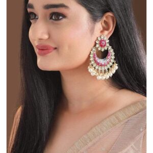 Gold Plated Handcrafted Pink Enamel Pearl Chandbali Earrings - Multicolor