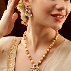 Gold-Toned Pendant with Dazzling Stones and Golden Off-White Pearls Chain Necklace Set - Gold