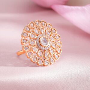 Gold Toned Zircon Stone Embellished Floral Ring - Rose Gold