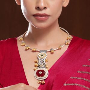 Oxidized Silver & Gold Plated Ruby Red & White Cubic Zirconia Studded Statement Necklace with Golden Beads