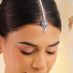 Rhodium-Plated Blue & White Cubic Zirconia Studded Maang Tikka - Blue