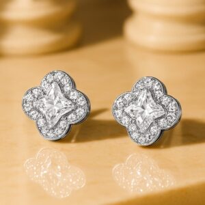 Rhodium-Plated Clover Design Cubic Zirconia Stud Earrings - Silver