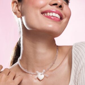 Rhodium Plated Crystal Beaded Necklace with Heart Pendant and Bow Detailing - White