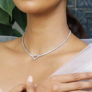 Rhodium-Plated Heart-Shaped Cubic Zirconia Studded Tennis Statement Necklace