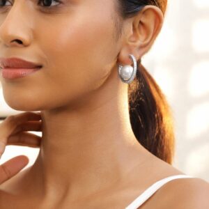 Rhodium-Plated Pearl Centerpiece Cubic Zirconia Half Hoop Earrings - Silver