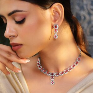 Rhodium-Plated Ruby Pink AD & Cubic Zirconia Studded Necklace Set - Ruby Pink