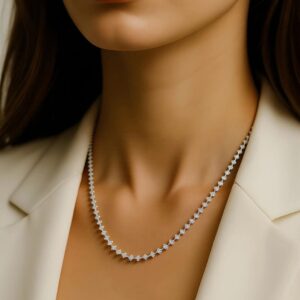 Rhodium-Plated White Cubic Zirconia Studded Classic Tennis Necklace