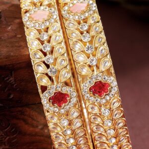 Set of 2 18K Gold-Plated Kundan & Multi-Colour Cubic Zirconia Stone Floral Bangles - 2.6
