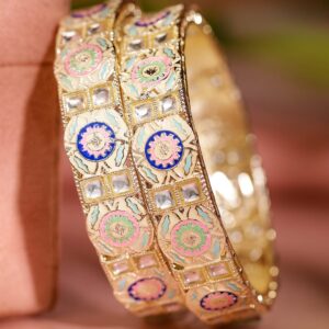 Set of 2 18K Gold-Plated Multicolor Enamel & Kundan Stone-Studed Handcrafted Bangle - 02-Apr