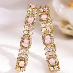 Set of 2 18K Gold-Plated Pastel Pink & White Cubic Zirconia Studded Floral Bangles - 2.4
