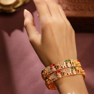 Set of 2 18K Gold Plated Rajwadi Polish Ruby & Emerald Studded Handcrafted Bangles - 2.4