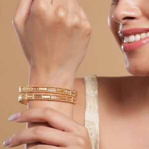 Set of 2, 18K Gold-Plated Rectangular Motif Bangles with Intricate Detailing - 2.4