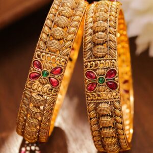 Set of 2 18K Gold-Plated Ruby Pink & Emerald Green Stone Studded Floral Bangles - 2.4