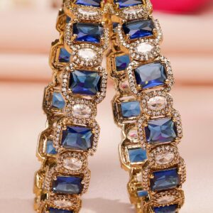 Set of 2 22K Gold-Plated Blue Sapphire & White Cubic Zirconia Studded Premium Bangles - 2.6