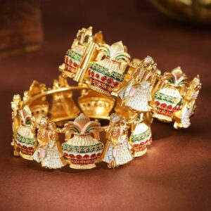 Set of 2, 22K Gold-Plated Handcrafted Traditional Bridal Bangles with Multicolor Enamel Work - 2.1