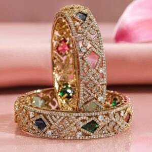 Set of 2, 22K Gold-Plated Multicolor AD & CubicZirconia Studded Traditional Bangles - 2.4