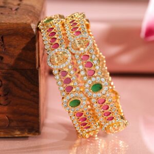 Set of 2, 22K Gold-Plated Ruby Pink & Emerald Stone Studded Traditional Bangles - 2.6