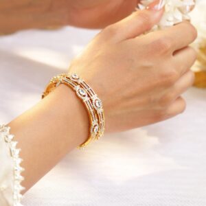 Set of 2, 22K Gold-Plated White Cubic Zirconia Studded Handcrafted Bangles - 2.6