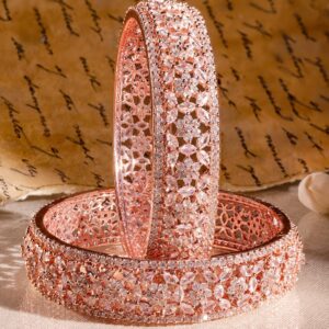 Set of 2, 22K Rose Gold Plated Zirconia Stone Studded Bangles Floral Design - 2.4