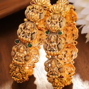 Set of 2 24K Gold-Plated Divine Lakshmi Temple Bangles with Ruby & Emerald Stones - 2.6