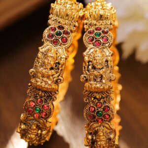 Set of 2 24K Gold-Plated Ruby Red & Green Stone Studded Temple Bangles with Lakshmi Motif - 2.8