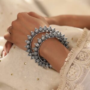 Set of 2 Oxidized Silver plated Bangles with Lotus Motif - 2.6