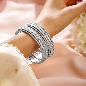 Set of 2 Premium Rhodium-Plated Cubic Zirconia Studded Leaf Motif Luxe Bangles - 02-Aug