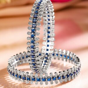 Set of 2 Rhodium-Plated Blue & White Cubic Zirconia Studded Handcrafted Luxe Bangles for Women - 02-Jun