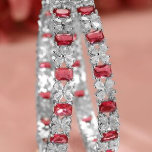 Set of 2 Rhodium-Plated Ruby Pink & White Cubic Zirconia Studded Bangles - 2.4