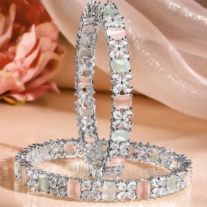 Set of 2 Rhodium-Plated Pastel Green & Pink and White Cubic Zirconia Studded Bangles - 2.4