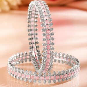 Set of 2 Rhodium-Plated Pastel Pink & White Cubic Zirconia Studded Luxe Bangles - 02-Apr