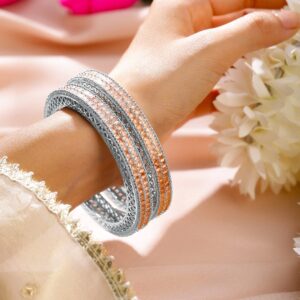 Set of 2 Rhodium-Plated Peach Cubic Zirconia Studded Handcrafted Premium Bangles - 02-Apr